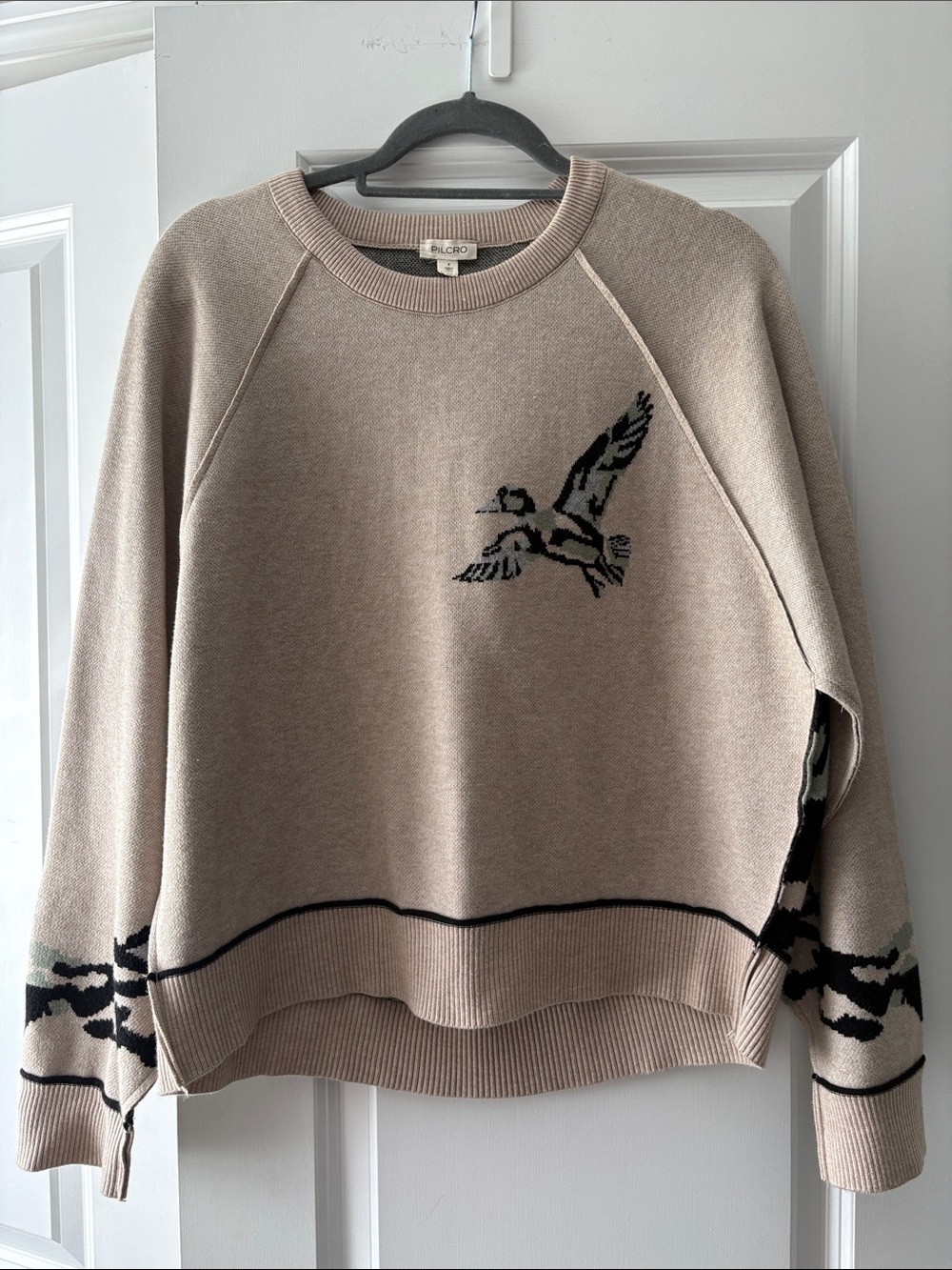 Pilcro Taupe Crewneck Sweater with Black Duck Motif